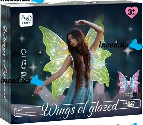 Дитячі рухливі крила феї Wings of glazed 6 електричні карнавальні крила на ремінцях з підсвічуванням музикою і ефектом пурхання 65 см