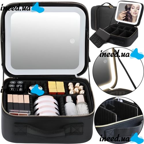 Niceland MAG-589 Cosmetics Storage Organizer with LED Mirror and Carrying Handle, Travel Cosmetic Bag, Illuminated Beauty Case Black