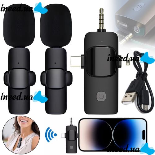 Петличний подвійний мікрофон Wireless Microphone K15 петличка з прищіпкою на одяг 2 мікрофони Type-C Lightning з шумозаглушенням для блогера K-15