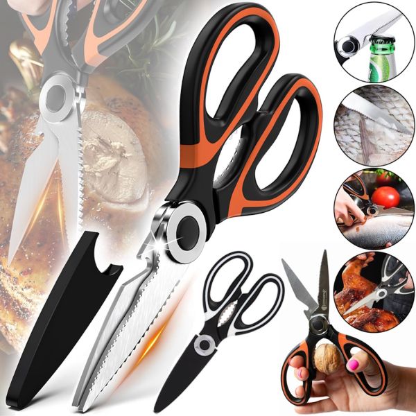 Универсальные кухонные ножницы Onnaaruji Kitchen Scissors KJ01 для нарезки мяса, рыбы и овощей, орехокол из нержавеющей стали с открывалкой в чехле