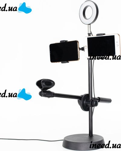 Кільцева LED лампа Phone Stand Youtuber HA - 12 селфи лампа 16 см настільний штатив з підставкою для мікрофона і двома тримачами для телефону від USB