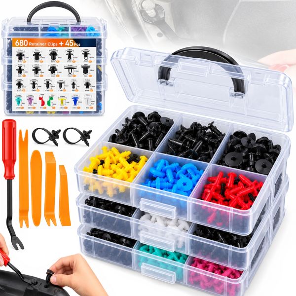OEM H546 Set of Clips for Auto Trim—725-Piece Set of Removers for Fan Blades, Mounts, Seals, and Clamps in a Plastic Case for Repair and Installation