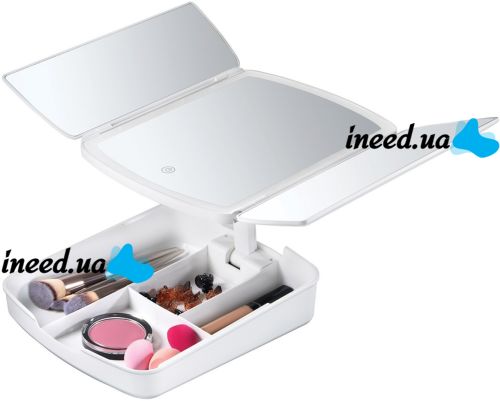 Desktop Triple Mirror with Magnification My Fold Away MA-17 Cosmetic Organizer for Storing Cosmetics and Battery-powered Makeup Backlight