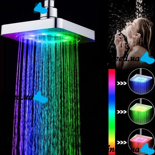 Светодиодная квадратная насадка лейка для верхнего душа Shower head AND XL-902 с LED RGB подсветкой, Душевая насадка-лейка с датчиком температуры