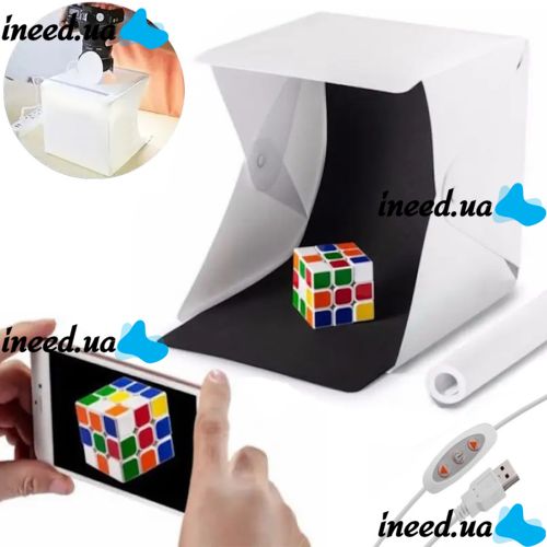 Folding photo box NJ-0065 with Led-lighting 22x22x22 cm for subject shooting, Lightbox for macro photography, Mini photo studio 2 backgrounds
