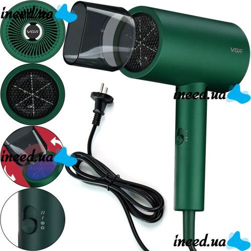 Professional hair Dryer for styling and drying VGR V-431 Green with ionization nozzle, overheating protection and cold air mode 1800W 