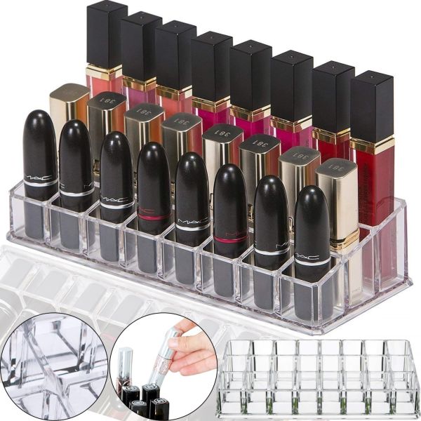 Универсальный акриловый органайзер подставка Lipstick Shelf на 24 ячейки для хранения косметики и помады Контейнер для макияжа и мелочей Прозрачный