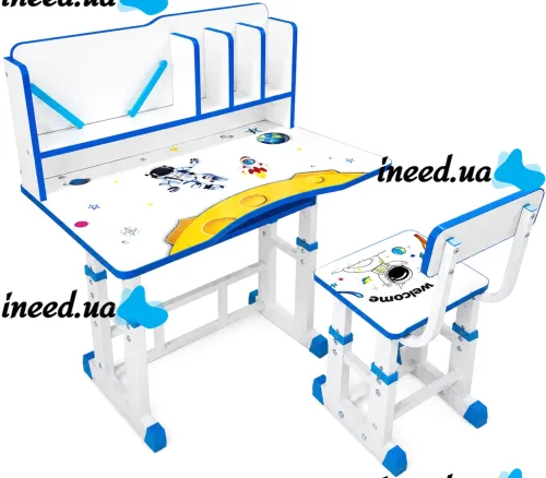 Bambi JU-5129 Convertible Children's Desk and Chair Set—Height-Adjustable Desk and Chair with Shelves and Backpack Holder, 26X-156, Blue