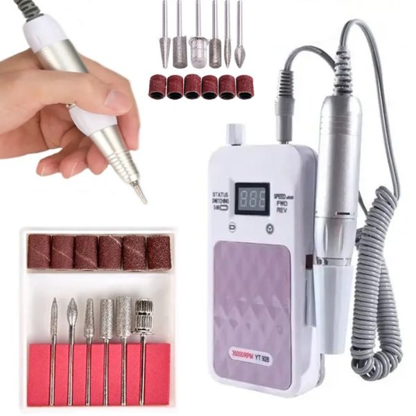 Профессиональный аккумуляторный фрезер для маникюра и педикюра Portable Nail Drill YT-928 35000RPM оборотов, Аппарат для обработки ногтей с насадками