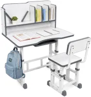 Bambi JU-5129 Convertible Children's Desk and Chair Set—Height-Adjustable Desk and Chair with Shelves and Backpack Holder, 26X-158, Gray