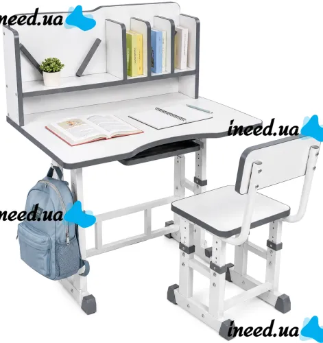Bambi JU-5129 Convertible Children's Desk and Chair Set—Height-Adjustable Desk and Chair with Shelves and Backpack Holder, 26X-158, Gray