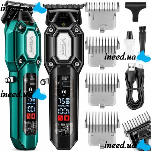 VGR V-900 5W Cordless Hair Clipper—a cordless men's trimmer for trimming beards and mustaches, featuring interchangeable attachments and a USB display