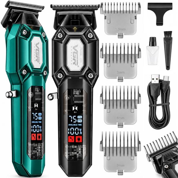 VGR V-900 5W Cordless Hair Clipper—a cordless men's trimmer for trimming beards and mustaches, featuring interchangeable attachments and a USB display