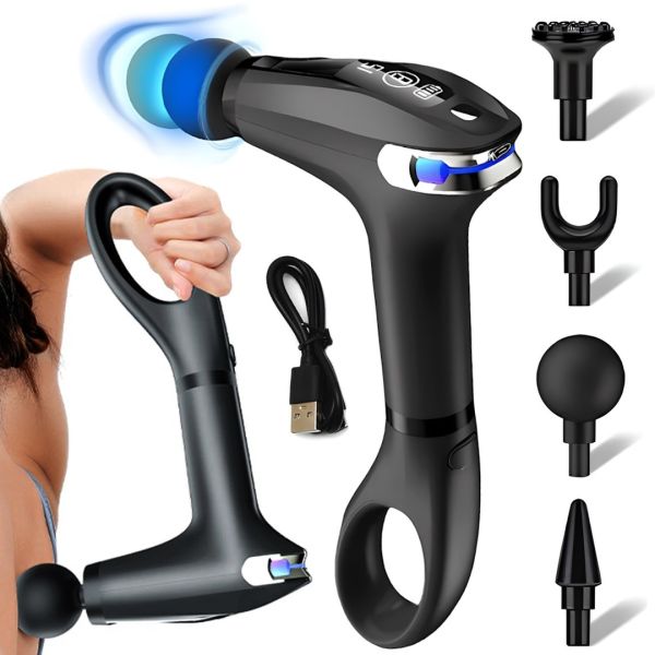 Manual massage gun Fascial Gun Pro HB-005 Black 4 nozzles, wireless percussion vibration massager for the whole body on a battery Black