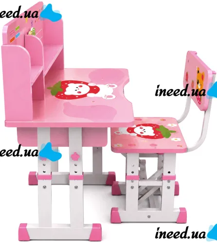 Bambi JU-5129 Convertible Children's Desk and Chair Set—Height-Adjustable Desk and Chair with Shelves and Backpack Holder, 26X-157, Pink