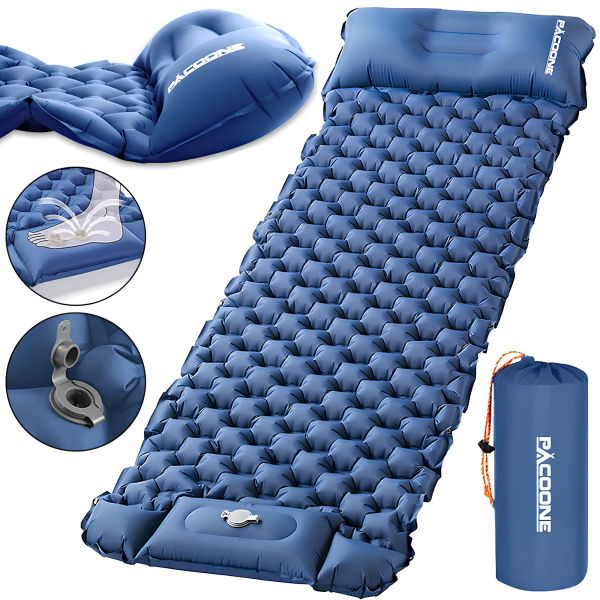 Inflatable tourist mattress Paccone SD-01 with pillow and built-in pump 190x60x5 cm karemat with headrest Outdoor Sleeping GS-710 Dark blue