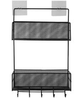 Wall shelf organizer Stenson TD01335-M on 2 tiers with hooks, hanging metal double-drawer basket for bathroom and kitchen Black CY-0172