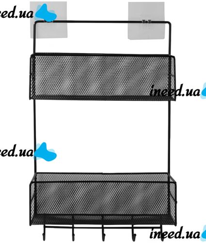 Wall shelf organizer Stenson TD01335-M on 2 tiers with hooks, hanging metal double-drawer basket for bathroom and kitchen Black CY-0172