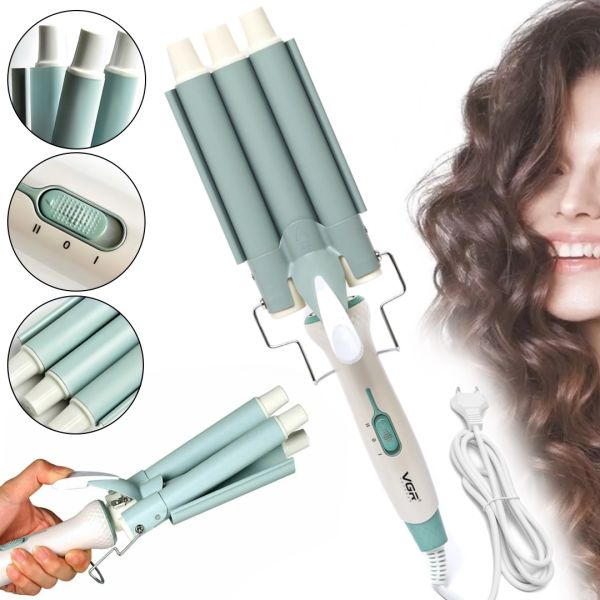 Professional wave flat iron VGR V-595 90W 22mm Ceramic Triple 3 wave tongs, Hollywood curl styling and curling device Green