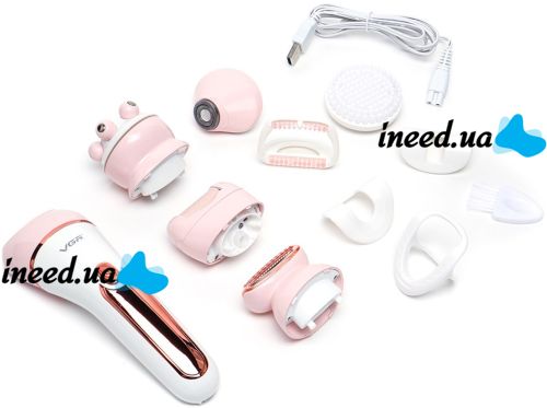 Wireless Epilator VGR V-733 6 in 1 5W Rechargeable Female Depilator with Backlight for Facial and Body Hair Removal with USB Nozzles Pink