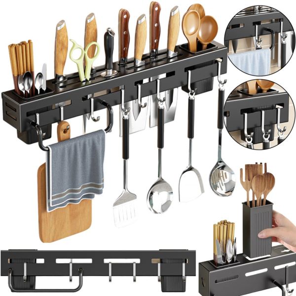 Wall-mounted Knife Storage Rack Tool Rest AND-71 Hanging Holder for cutlery and Kitchen Utensils with hooks on the wall 30x5.5x5 cm