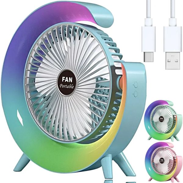 Настольный аккумуляторный вентилятор Colorful Desktop Fan FH-668 со светодиодной RGB подсветкой 5W, Вращающийся беспроводной охладитель воздуха