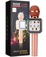 Бездротовий мікрофон караоке Wster WS-1818 Bluetooth USB AUX FM з вбудованою колонкою і функцією зміни голосу на акумуляторі в чохлі Рожевий