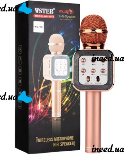 Бездротовий мікрофон караоке Wster WS-1818 Bluetooth USB AUX FM з вбудованою колонкою і функцією зміни голосу на акумуляторі в чохлі Рожевий