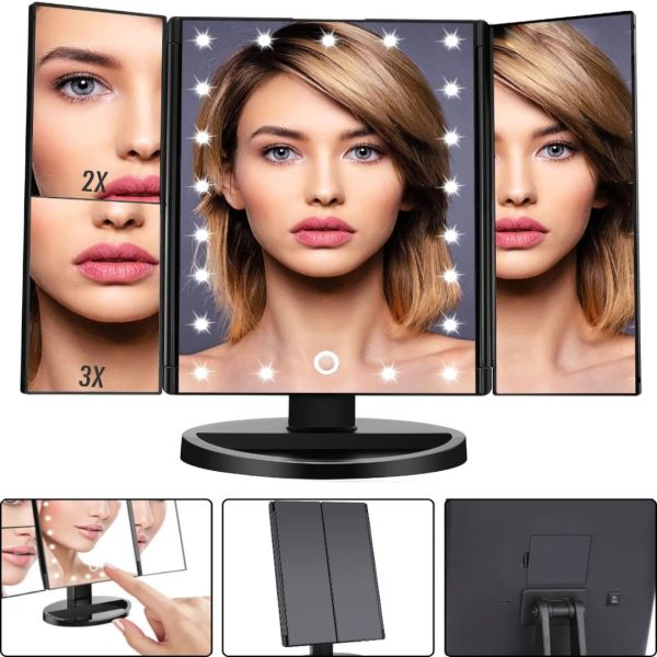 Cosmetic Triple Mirror with Touch Button Superstar Magnifying Mirror JN-817 3 in 1 with Magnification, Folding Mirror with LED Backlight Black