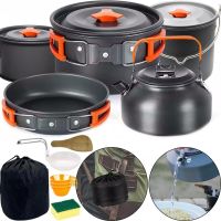 Camping cooking AL-600 Travel Cookware Set for 15 items kettle 3 pots frying pan and kitchen utensils in a camping case