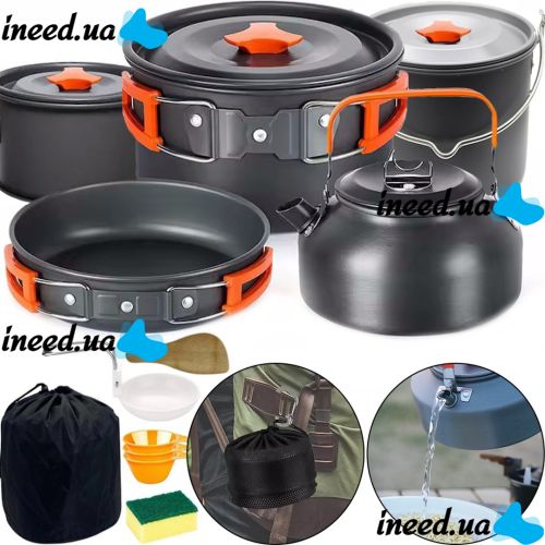 Camping cooking AL-600 Travel Cookware Set for 15 items kettle 3 pots frying pan and kitchen utensils in a camping case