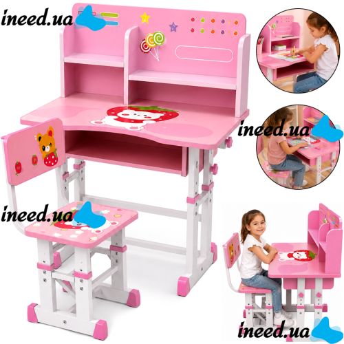 Bambi JU-5129 Convertible Children's Desk and Chair Set—Height-Adjustable Desk and Chair with Shelves and Backpack Holder, 26X-157, Pink