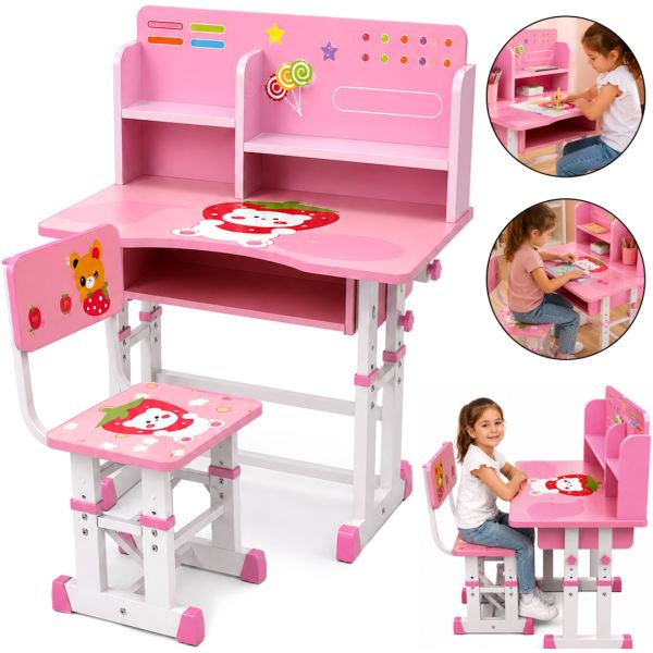 Bambi JU-5129 Convertible Children's Desk and Chair Set—Height-Adjustable Desk and Chair with Shelves and Backpack Holder, 26X-157, Pink