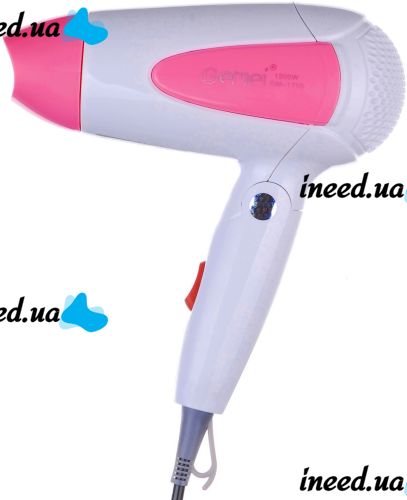 Складаний дорожній фен GEMEI GM-1756 Pink портативний для укладання і сушіння волосся зі збірною ручкою, насадкою і терморегулятором 1200W Рожевий