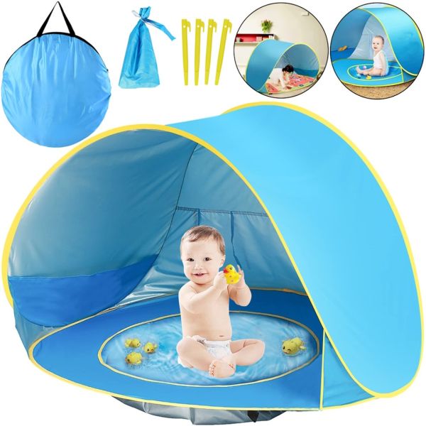 Детская пляжная палатка с бассейном WM-Baby Pool игровой автоматический водонепроницаемый тент с защитой от солнца от 3-х лет 70х117х79 см Голубая