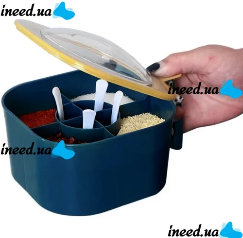 Кухонний органайзер для зберігання приправ Seasoning Spice Box AT-X03 контейнер для сипучих продуктів на 4 відділення, диспенсер для спецій Синій