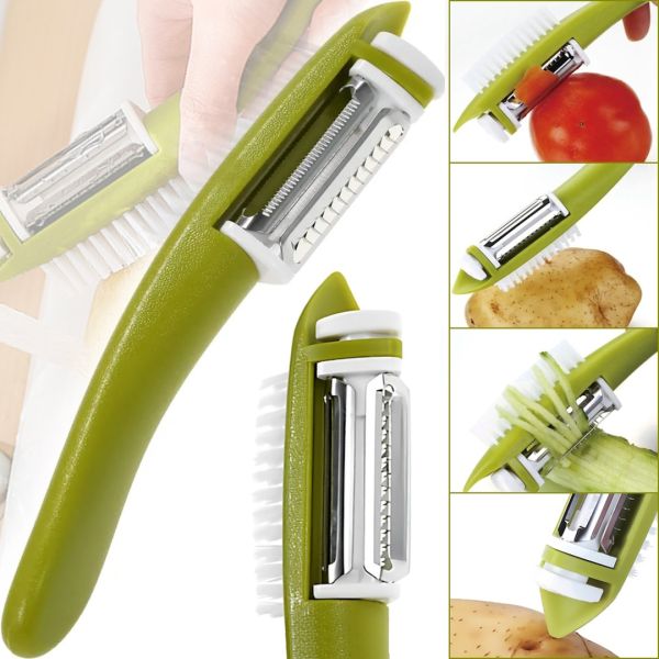 Мульти-чистка для овощей с щеткой Multi Peeller 3 в 1 кухонная ручная овощечистка для очистки и удаления кожуры фруктов, чистилка с насадками Зеленая