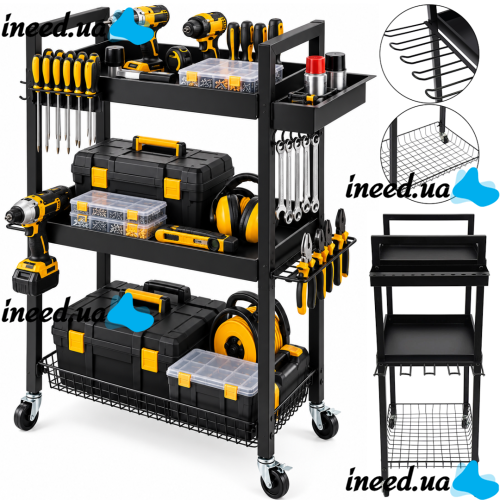 Carro MZY-857 3-tier tool cart, metal organizer rack on wheels for storing power tools and accessories