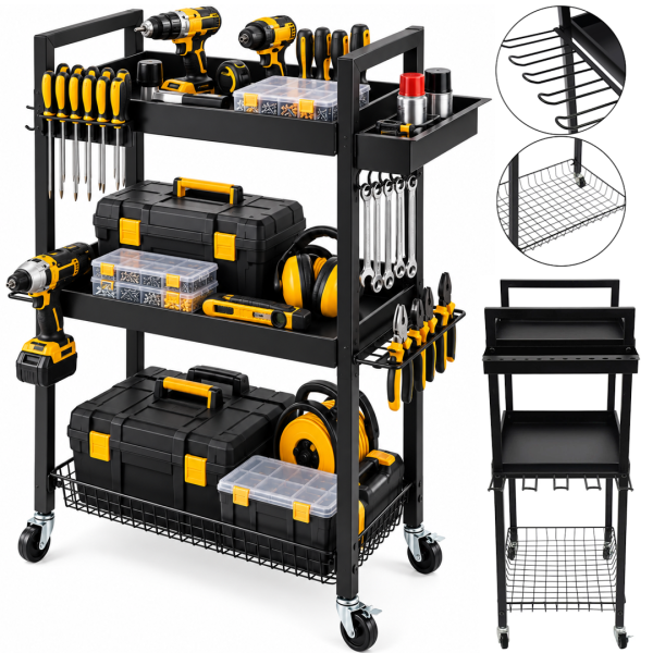 Carro MZY-857 3-tier tool cart, metal organizer rack on wheels for storing power tools and accessories