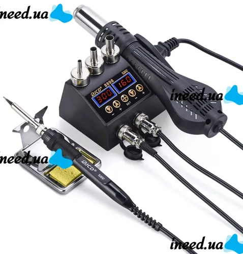Thermo-air soldering station JCD 8898 2in1 80W soldering iron and 750W thermofan with temperature control and display for SMD soldering and electronics repair.