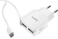 Сетевое зарядное устройство Hoco C59A 2USB адаптер USB с цельным кабелем MicroUSB блок питания на 2 порта для зарядки телефонов 15W 220V 2.4A Белый