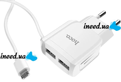 Сетевое зарядное устройство Hoco C59A 2USB адаптер USB с цельным кабелем MicroUSB блок питания на 2 порта для зарядки телефонов 15W 220V 2.4A Белый