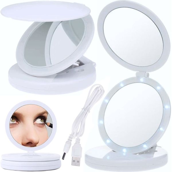 Круглое складное зеркало для макияжа Large Led Mirror W0-29 косметическое раскладное зеркало на регулируемой подставке с увеличением на батарейках