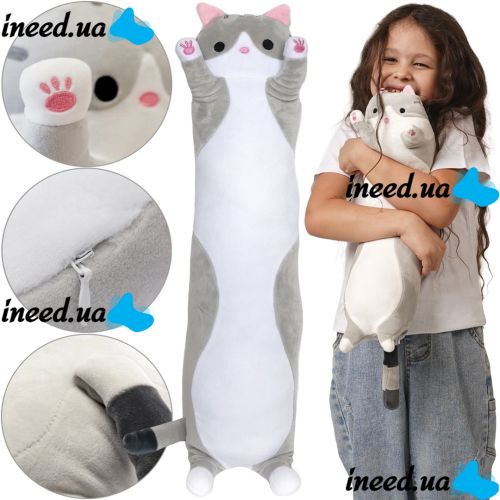 Soft Plush Toy Pillow Cat Baton 50 cm Silver Children's Pillow Cuddle cat, toy Long Antistress cat Baton from 3 years old Gray