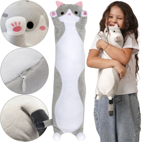 Soft Plush Toy Pillow Cat Baton 50 cm Silver Children's Pillow Cuddle cat, toy Long Antistress cat Baton from 3 years old Gray