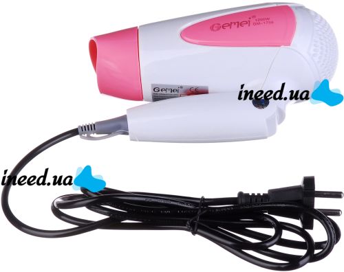 Складаний дорожній фен GEMEI GM-1756 Pink портативний для укладання і сушіння волосся зі збірною ручкою, насадкою і терморегулятором 1200W Рожевий