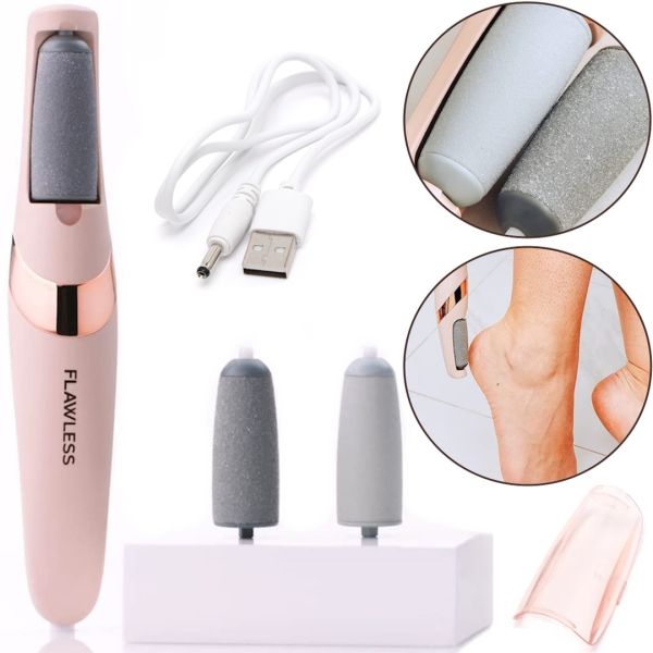 Electric Foot File Flawless Pedi Pedicure and Heel Device, Rechargeable Electric Foot Pumice Stone with 2 Nozzles and USB 3W
