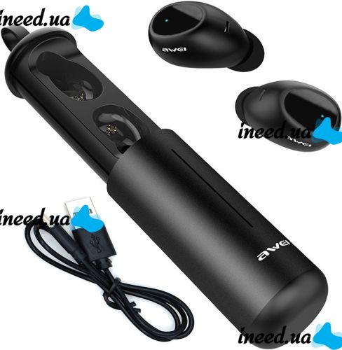Бездротові Bluetooth навушники з кейсом Awei T5 Black вакуумні навушники-гарнітура з шумозаглушенням і мікрофоном блютуз в чохлі док-станція чорні