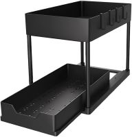 Стелаж для зберігання Kitchen Storage Rack W516 дворівнева Полиця органайзер для кухонного приладдя з висувним ящиком і гачками Чорний