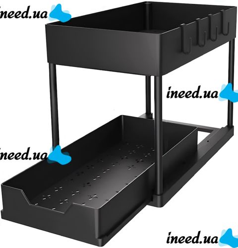 Стелаж для зберігання Kitchen Storage Rack W516 дворівнева Полиця органайзер для кухонного приладдя з висувним ящиком і гачками Чорний